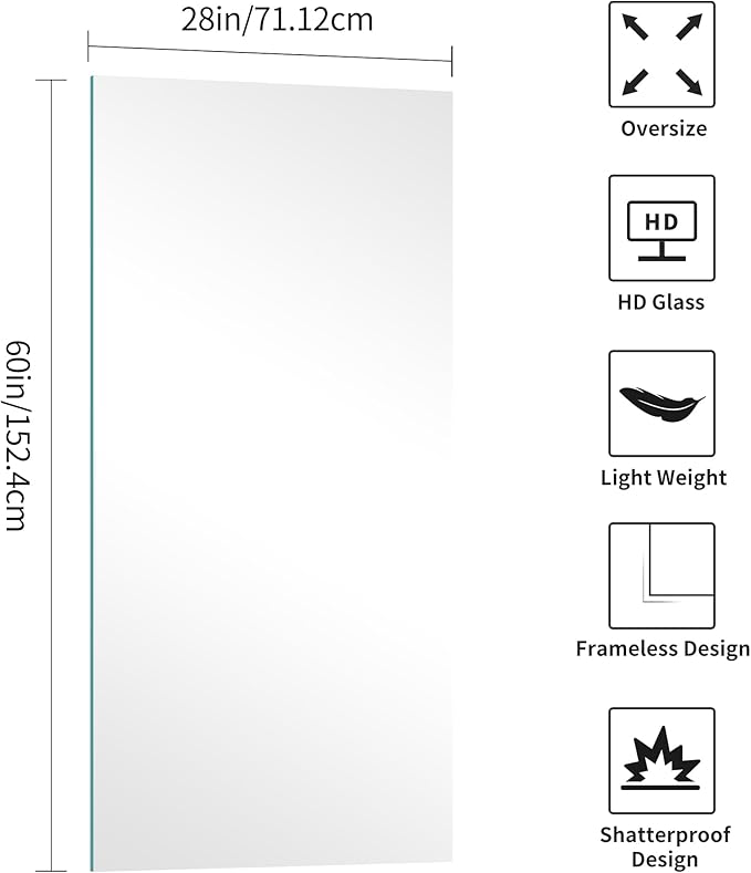 KOCUUY Frameless Mirror, 60"x28" Bathroom Mirror for Over Sink, Upgraded Shatterproof, Large Rectangle Unframed Mirror for Wall, Bathroom, Bedroom, Living Room, Entryway, Hang Horizontal/Vertical