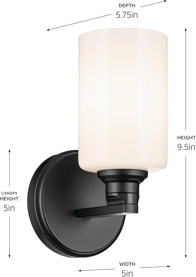 Kichler Gioe 5" 1-Light Wall Sconce with Opal Glass in Black, Damp Rated, for Powder Room, Bathroom, Kitchen, Hallway, Bedroom, Fireplace, (5" W x 9.5" H), 55224BK