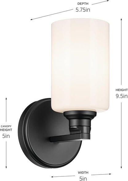 Kichler Gioe 5" 1-Light Wall Sconce with Opal Glass in Black, Damp Rated, for Powder Room, Bathroom, Kitchen, Hallway, Bedroom, Fireplace, (5" W x 9.5" H), 55224BK
