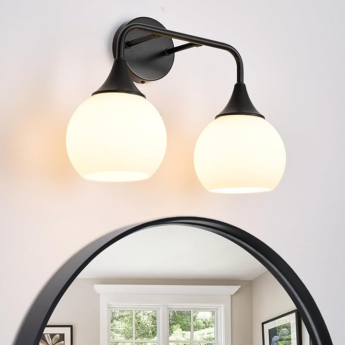 Bathroom Light Fixtures 2-Light Matte Black Vanity Light Modern Wall Sconces with Milk White Glass Shade Vanity Lights for Bathroom(Exclude E26 Bulb)