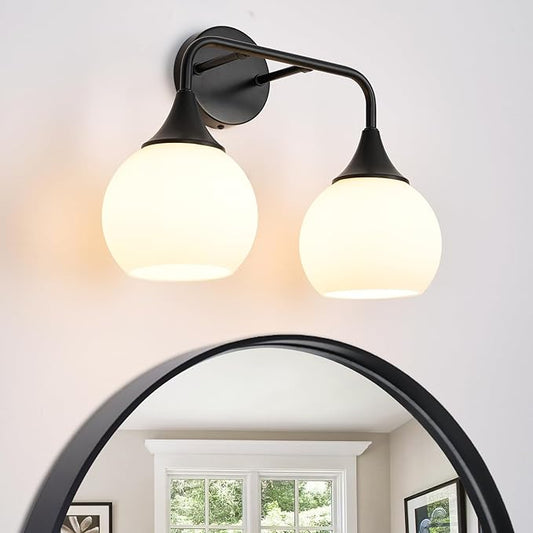 Bathroom Light Fixtures 2-Light Matte Black Vanity Light Modern Wall Sconces with Milk White Glass Shade Vanity Lights for Bathroom(Exclude E26 Bulb)