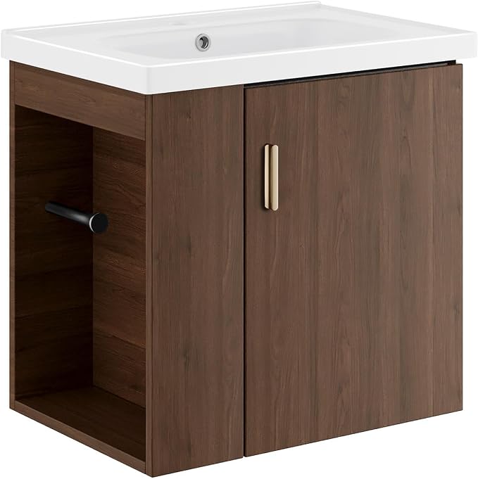 20 Inch Walnut Wall Mounted Small Bathroom Vanity, Pre-Assembled Floating Cabinet with Sink, Left Side Storage, Soft-Close Door, Modern Space-Saving Design, No Faucet,BV04-20-WALNUT-PLUS