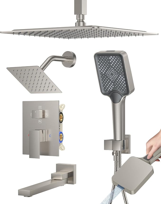 Woindo 4 Function Shower Faucet Set 12" Rain Shower Head/6'' Side Shower Head and 3 Setting Handheld Ceiling Mount Push Button Diverter Complete Rainfall Round Shower System Included Valve Trim Kit