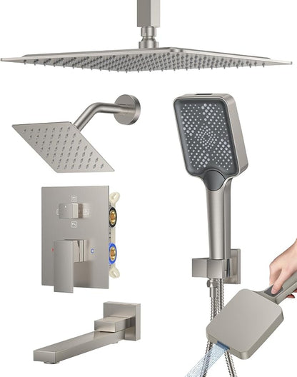 Woindo 4 Function Shower Faucet Set 12" Rain Shower Head/6'' Side Shower Head and 3 Setting Handheld Ceiling Mount Push Button Diverter Complete Rainfall Round Shower System Included Valve Trim Kit
