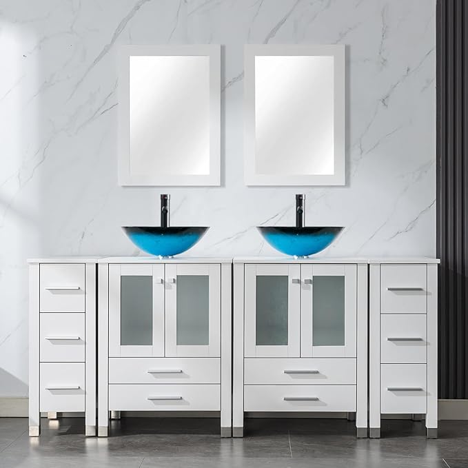 LUCKWIND 72" Double 24-in Bathroom Vanity with Sink Combo, Elegant Series with Two 12.6-in Side Cabinets, Painted Frame, Including Turquoise Square Sinks, Faucets Without Mirrors, White