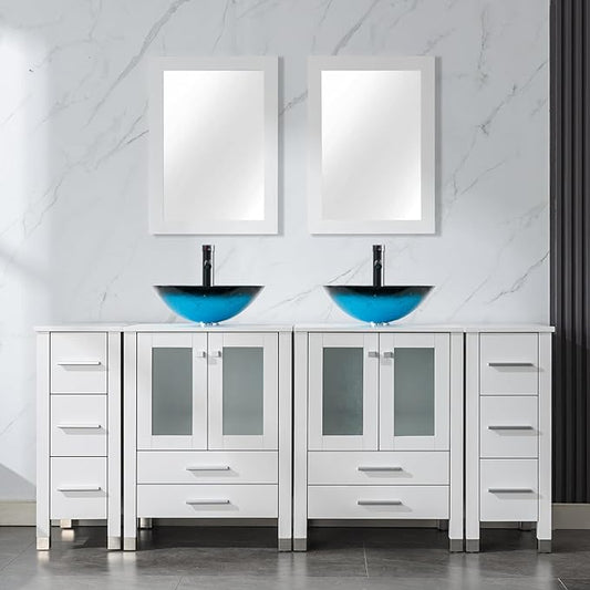 LUCKWIND 72" Double 24-in Bathroom Vanity with Sink Combo, Elegant Series with Two 12.6-in Side Cabinets, Painted Frame, Including Turquoise Square Sinks, Faucets Without Mirrors, White
