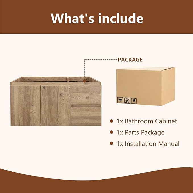 Wall-Mounted Bathroom Vanity with Soft-Close Drawers and Doors – Moisture-Resistant MDF, Space-Saving Design for Modern Bathrooms (Nature Without Sink, 36)