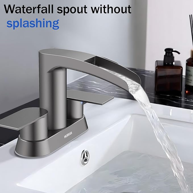 Bathroom Sink Faucet for 3 Hole, Hurran 4 Inch Bathroom Faucets with Pop-up Drain, Stainless Steel 2-Handle Waterfall Faucet for Bathroom Sink, Brushed Grey