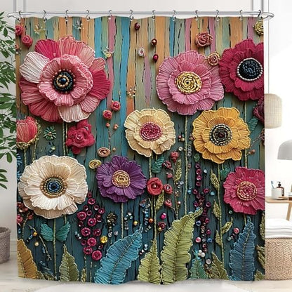 Vintage Colorful Flower Shower Curtain 60Wx72L Inch Botanical Blossom Retro Plant Bathroom Set Accessories Decor with 12 Pack Hooks