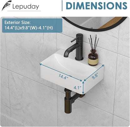 14 x 10 Inch Wall Mounted Bathroom Sink Rectangle Vessel Sink | White Ceramic Wall Mount Hang Small Vessel Sink Porcelain Mini Floating Bathroom Vanity Sink for Home,RV,Bathroom