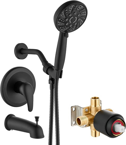 gotonovo Tub Shower Faucet Set with Valve 6 Mode Handheld Matte Black | Bathtub Faucet Set,6 Mode ABS Handheld Spray,6.3’’ Metal Tub Spout,Brass Valve Trim Kit,Shower Head and Handle Kit,Wall Mount