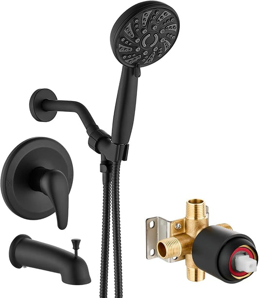 gotonovo Tub Shower Faucet Set with Valve 6 Mode Handheld Matte Black | Bathtub Faucet Set,6 Mode ABS Handheld Spray,6.3’’ Metal Tub Spout,Brass Valve Trim Kit,Shower Head and Handle Kit,Wall Mount