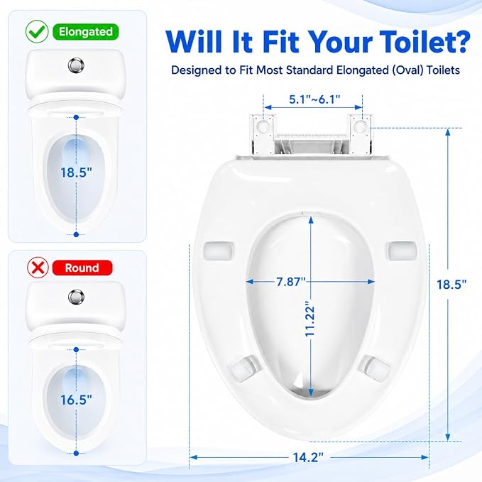 Raised Toilet Seat with Bidet for Seniors, 3" Height, Heavy Duty Slow Close Elevated Toilet Seat with Never Loosen Hinges, Fits Most Elongated Toilets, No Electric Cold Water Only (Elongated 18.5'')