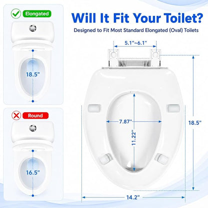 Raised Toilet Seat with Bidet for Seniors, 3" Height, Heavy Duty Slow Close Elevated Toilet Seat with Never Loosen Hinges, Fits Most Elongated Toilets, No Electric Cold Water Only (Elongated 18.5'')