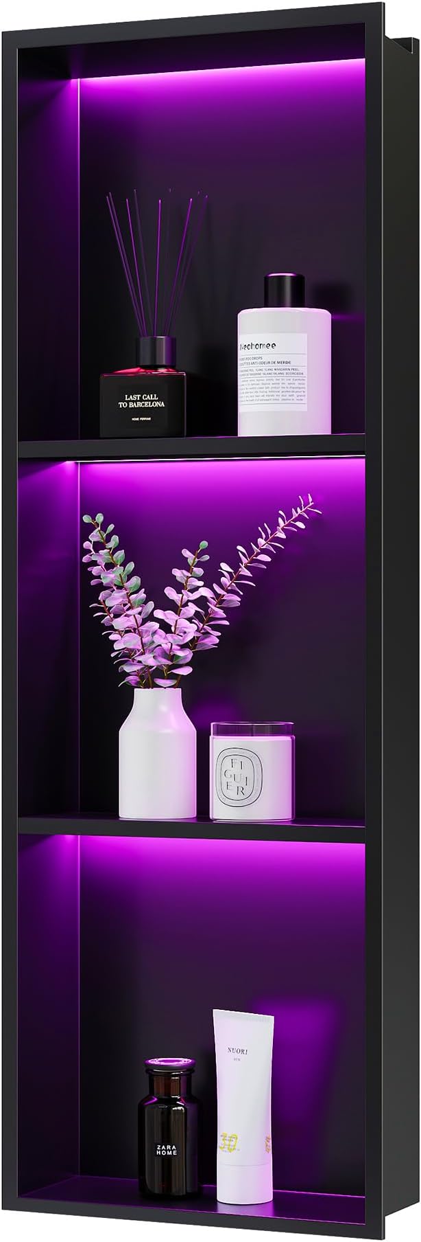 3-Tiers 12x36Inch Wall Niche with RGB LED Light Strips, Matte Black Shower Niche Shelf Cabinet, Stainless Steel Bathroom Shelf, NO Tile Needed Recessed Waterproof Storage Organizer