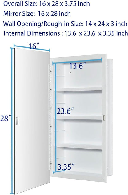 Plastic Medicine Mirror Cabinet for Bathroom 16 x 28 inch, Recessed and Surface Mount