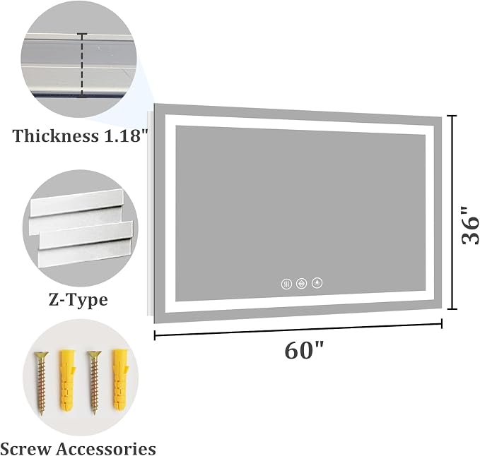Koonmi 60x36 LED Bathroom Mirror, Shatterproof Mirror with Light | 90CRI Vanity Mirror with Anti-fog Backlit + Front Lit, 3 Color, Easy Install for Bathroom Hotel (IP65)