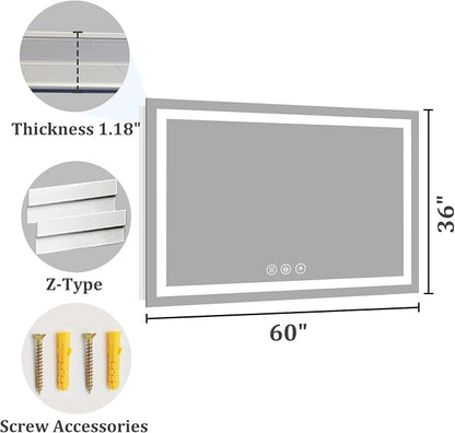 Koonmi 60x36 LED Bathroom Mirror, Shatterproof Mirror with Light | 90CRI Vanity Mirror with Anti-fog Backlit + Front Lit, 3 Color, Easy Install for Bathroom Hotel (IP65)