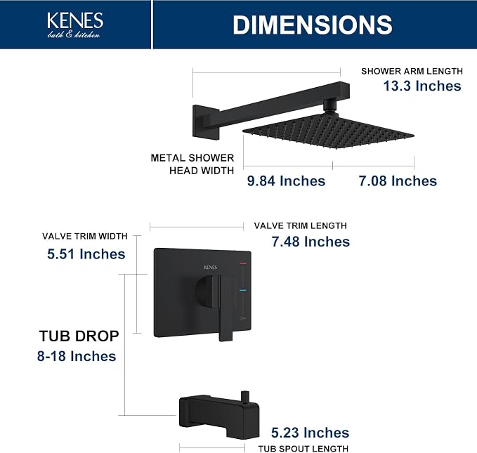 KENES Matte Black Shower Set with Tub Faucet, Square Tub Shower Trim Kit | Shower Faucet with 10-Inch Rain Shower Head, Square Shower System, Valve Included, Lead-Free cUPC & NSF Certified, Stainless