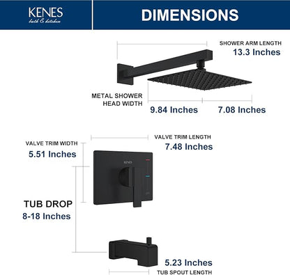 KENES Matte Black Shower Set with Tub Faucet, Square Tub Shower Trim Kit | Shower Faucet with 10-Inch Rain Shower Head, Square Shower System, Valve Included, Lead-Free cUPC & NSF Certified, Stainless