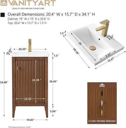 Vanity Art 20 inch Walnut Bathroom Vanity with Single Sink & Ceramic Top, Vanity Cabinet with Soft-Closing Door, Solid Wood Frame, Linear Pattern, Walnut, VA9120-Walnut-MB,Matte Black Handles