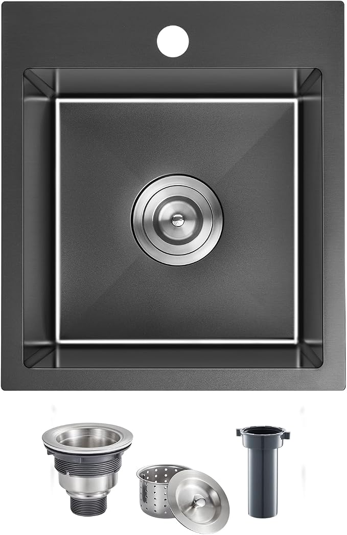 15"x17" Drop-In Single Bowl Sink 18 Gauge Black Steel 1-Hole | 15"x17" Black Drop-in Sink | 18 Ga SS | Topmount/Overmount | Single Bowl | Wet Bar/Coffee Station | 8" Deep Basin
