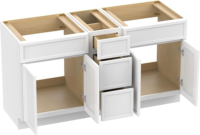 HomeBeyond 60 Inches Bathroom Vanity Base Cabinet Without Sink, Double Sink Top Sturdy Floor Mounted Cabinet with Door & Soft Closing Drawers, White, VA4124-2+VA4112-3