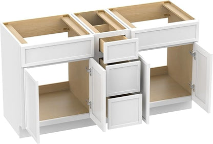 HomeBeyond 60 Inches Bathroom Vanity Base Cabinet Without Sink, Double Sink Top Sturdy Floor Mounted Cabinet with Door & Soft Closing Drawers, White, VA4124-2+VA4112-3