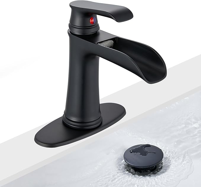 Black Waterfall Bathroom Faucet, Sanliv Single Handle Bathroom Faucets for Sinks 1 or 3 Hole (4 inch) Hotel Vanity Faucet with Deckplate & Pop-Up Drain, Matte Black