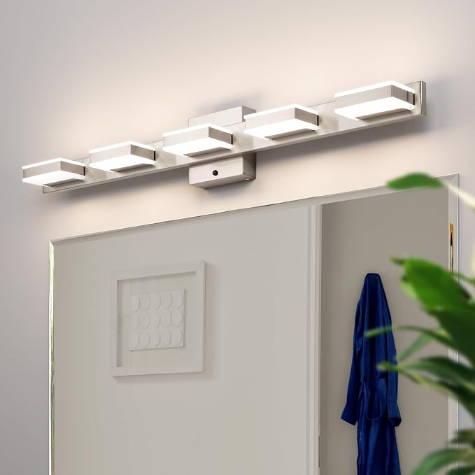 mirrea 32" 5 Light 3CCT LED Brushed Nickel Bathroom Vanity Light Fixture | Over Mirror,Bathroom Lighting,3000K/4000K/5000K ,Dimmable,Rust-resistant,Moisture-resistant,Acrylic shade,Wall Mount