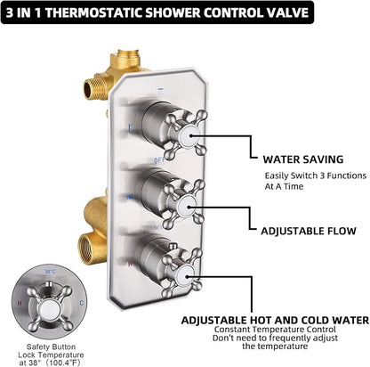 All Metal Thermostatic Shower System Backnets 9 Inch Shower Faucet Set with Rain Shower Head and Body Jets for Bathroom, Rough-in Valve Body and Trim kit Include, Brushed Nickel