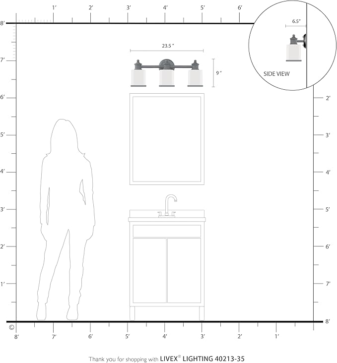Livex Lighting 40213-35 Middlebush Collection 3-Light Bathroom Vanity Light with Double Shaded Hand Crafted Glass Shades, Polished Nickel, 23.5 x 6.5 x 9