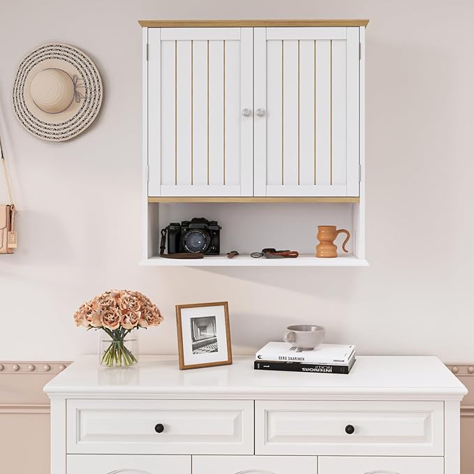 Wall Cabinet with 2 Doors & Open Shelf – Space Saving Medicine Cabinet, Wooden Wall Mounted Storage Cupboard for Bathroom Organization White