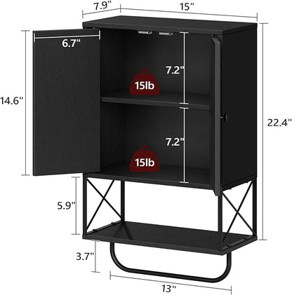Bathroom Wall Cabinet with 2 Door and Adjustable Shelf, Farmhouse Medicine Cabinet with Towel Rack, 3-Tier Wall Mounted Storage Cabinet Over The Toilet for Bathroom Laundry Room, Black
