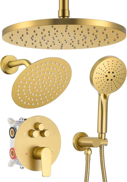 Woindo Shower Faucet Set 10" Rain Shower Head/8'' Side Shower Head and 3 Setting Handheld Ceiling Mount 3 Push Button Diverter Complete Rainfall Round Shower System Included Valve Trim Kit