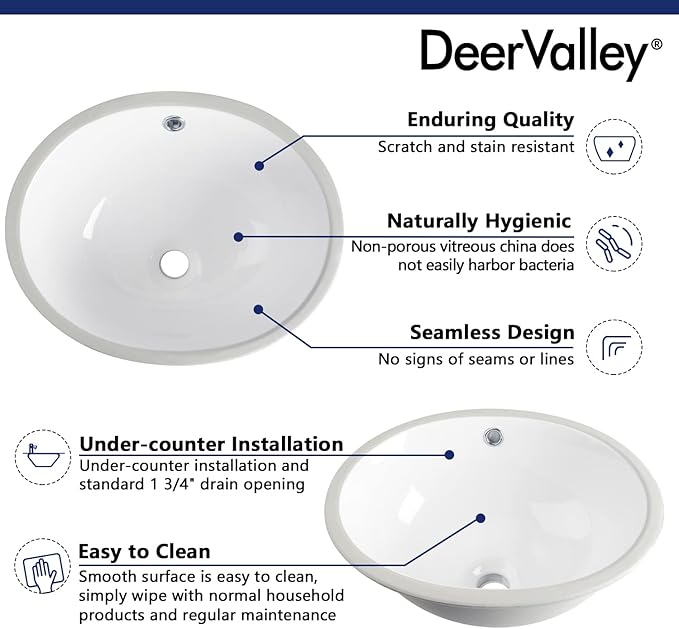 Bathroom Sink, DeerValley DV-1U303 Symmetry 18" X 15" Undermount Bathroom Sink Oval Bathroom Vanity Sink White Ceramic Vessel Sinks with Overflow Hole