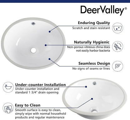 Bathroom Sink, DeerValley DV-1U303 Symmetry 18" X 15" Undermount Bathroom Sink Oval Bathroom Vanity Sink White Ceramic Vessel Sinks with Overflow Hole