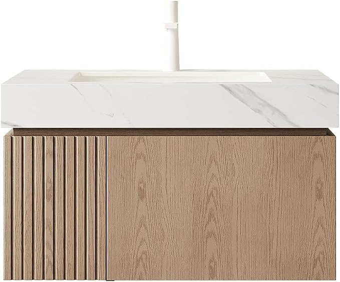 KEIKI 30 Inch Floating Bathroom Vanity with Sink, White Oak & White | Modern Wall Mounted Storage Cabinet w/ Drawer & Door, Pre-assembled Wood Panels, Sintered Stone Top & Ceramic Basin Combo Set