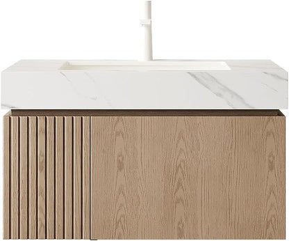 KEIKI 30 Inch Floating Bathroom Vanity with Sink, White Oak & White | Modern Wall Mounted Storage Cabinet w/ Drawer & Door, Pre-assembled Wood Panels, Sintered Stone Top & Ceramic Basin Combo Set