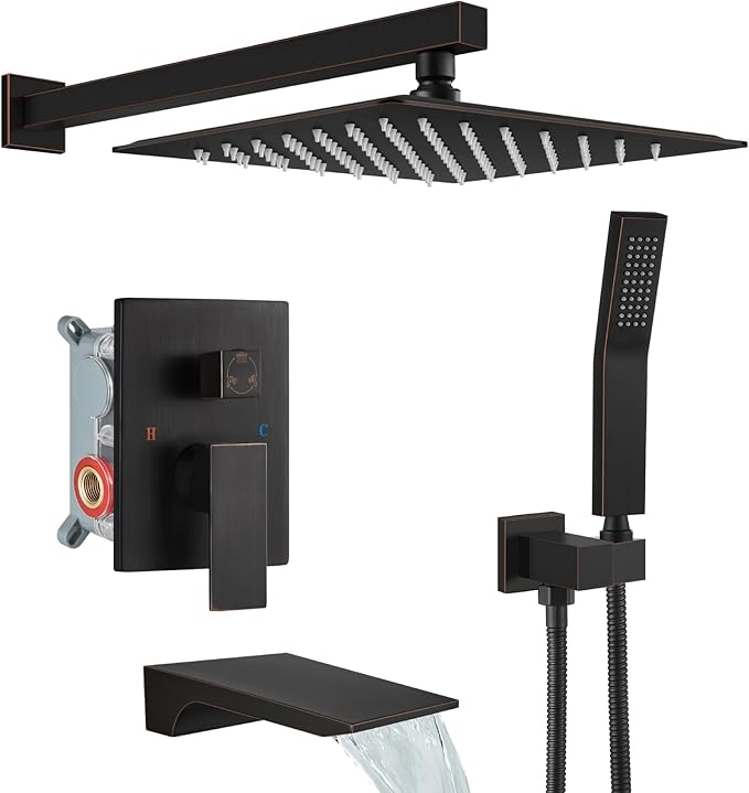 gotonovo Tub Shower Faucet Set with Valve 10'' Rain Head,Oil Rubbed Bronze | Waterfall Tub Spout Shower System,Bathtub Faucet Set,SUS304 Rain Head with Handheld,Brass Valve Trim Kit,All Metal,Wall Mount