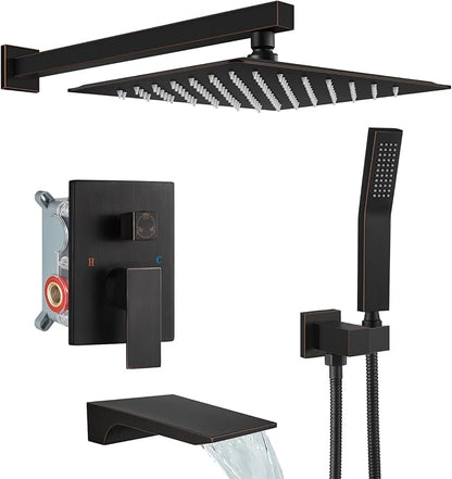 gotonovo Tub Shower Faucet Set with Valve 10'' Rain Head,Oil Rubbed Bronze | Waterfall Tub Spout Shower System,Bathtub Faucet Set,SUS304 Rain Head with Handheld,Brass Valve Trim Kit,All Metal,Wall Mount