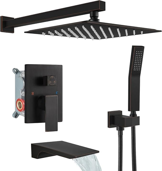 gotonovo Tub Shower Faucet Set with Valve 10'' Rain Head,Oil Rubbed Bronze | Waterfall Tub Spout Shower System,Bathtub Faucet Set,SUS304 Rain Head with Handheld,Brass Valve Trim Kit,All Metal,Wall Mount