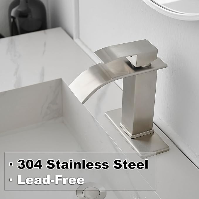 Bathroom Sink Faucet Single Handle Waterfall Bathroom Faucets | 304 Stainless Steel,Lavatory Commercial Vanity Faucets with Sink Drain Assembly and Basin Plate Deck Mount,Brushed Nickel
