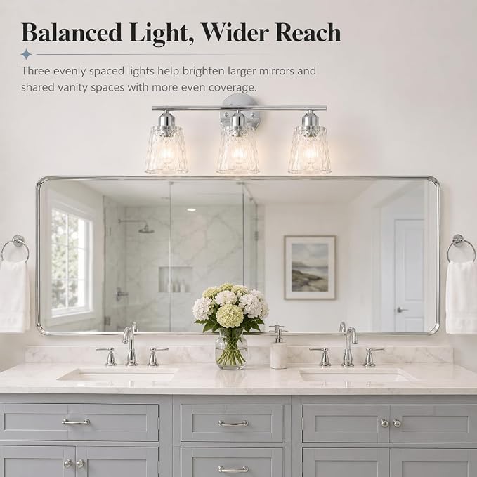 Chrome 3 Light Bathroom Vanity Lights with Textured Glass Shades, E26 Sockets, Bathroom Light Fixtures Over Mirror, Modern Lighting Fixtures Wall Lamp Vanity Lights