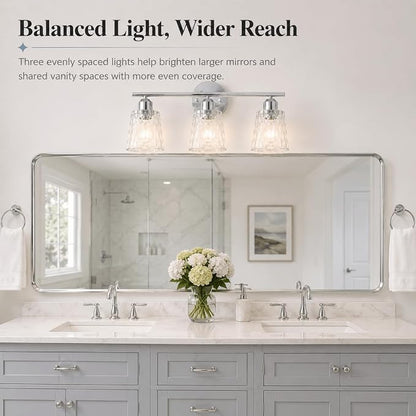 Chrome 3 Light Bathroom Vanity Lights with Textured Glass Shades, E26 Sockets, Bathroom Light Fixtures Over Mirror, Modern Lighting Fixtures Wall Lamp Vanity Lights