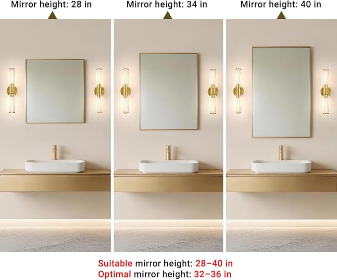 Brushed Gold Wall Sconces Set of 2 (Hardwired Only), Bathroom Vanity Light Fixtures, Modern Cylinder Glass Wall Lights for Mirror 28-40 in Height, NOT Battery Operated, E26 Base (Bulbs Not Included)