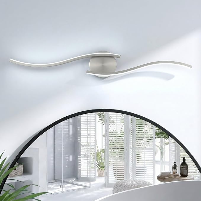 26 Inch LED Bathroom Vanity Light, Brushed Nickel, 5CCT | 26 Inch brushed nickel LED bathroom vanity light with 5CCT, 20%-100% dimming, hardwired horizontal/vertical mount