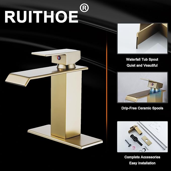 Brushed Gold Bathroom Faucet, Waterfall Bathroom Sink Faucet, Single Hole Deck Mounted Single Handle Lavatory Vanity with Pop Up Drain Parts Mixer Tap Basin Modern Bath