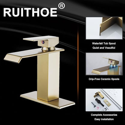 Brushed Gold Bathroom Faucet, Waterfall Bathroom Sink Faucet, Single Hole Deck Mounted Single Handle Lavatory Vanity with Pop Up Drain Parts Mixer Tap Basin Modern Bath