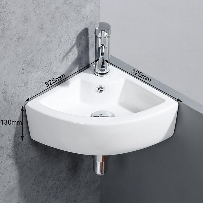 Wall Mount Corner Bathroom Sink Triangle Bathroom Basin 12.8x12.8x5.1inch | Glossy ceramic glaze; stain resistant; quick draining bowl; measure wall space pre-order; fits powder room & RV